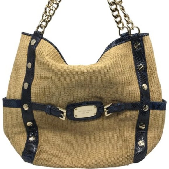 Michael Kors Handbags - Michael Kors Tan Black Large Woven Straw Bag